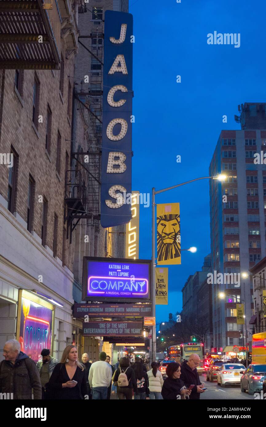 Marquee for 'Company' by Stephen Sondheim and George Furth starring Patti Lupone and Katrina Lenk, at the Bernard B. Jacobs Theatre, New York City, NY Stock Photo