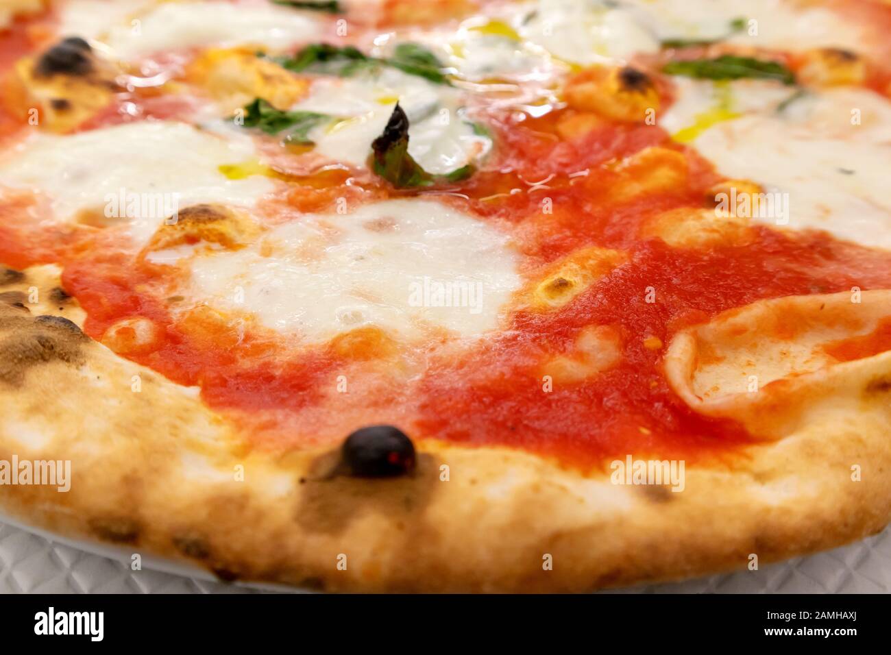 Closeup of classic Pizza Margherita, Italian restaurant menu Stock