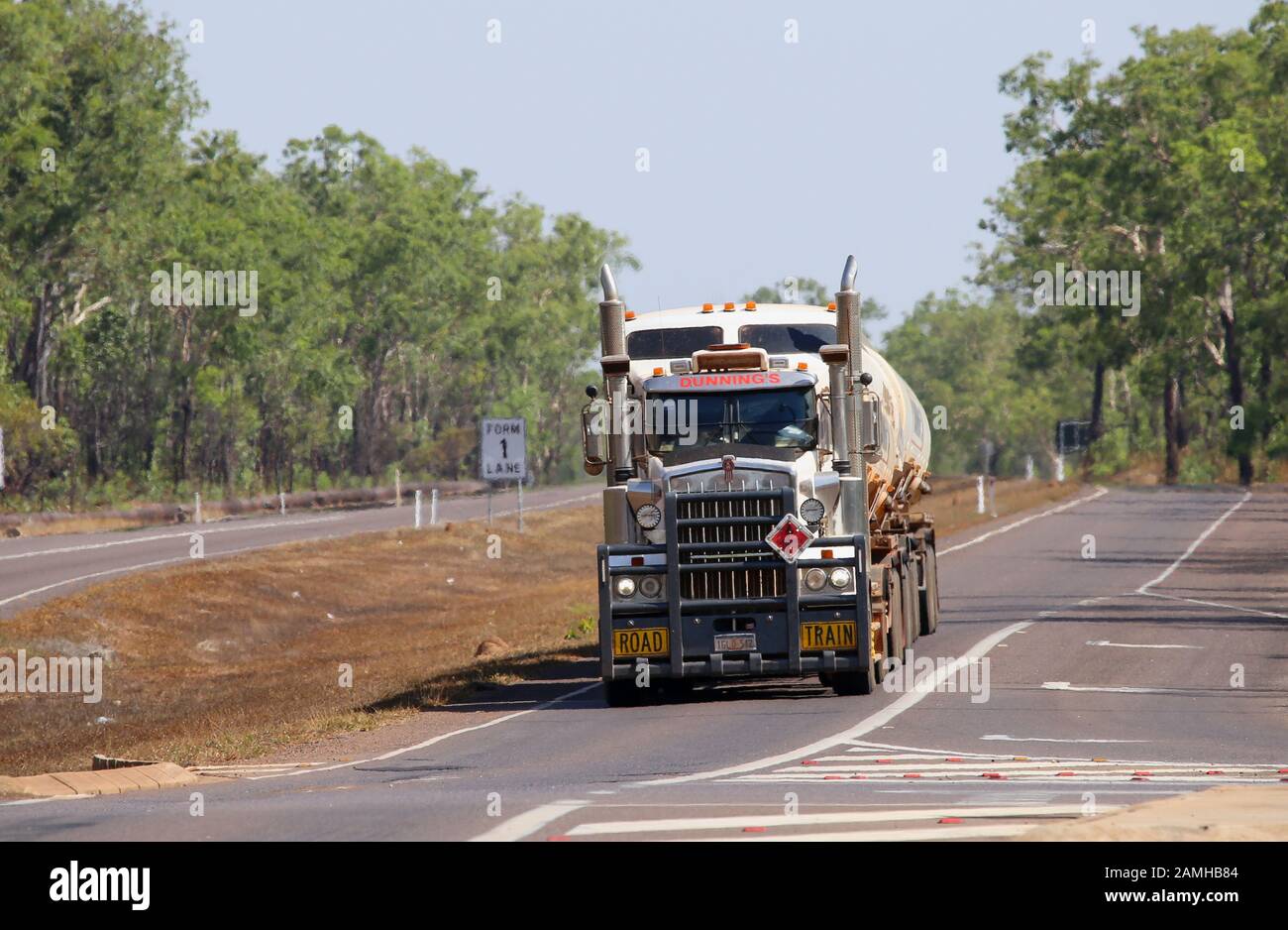 Road train on the Stuart Highway, Northern Territory, Australia. Stock Photo