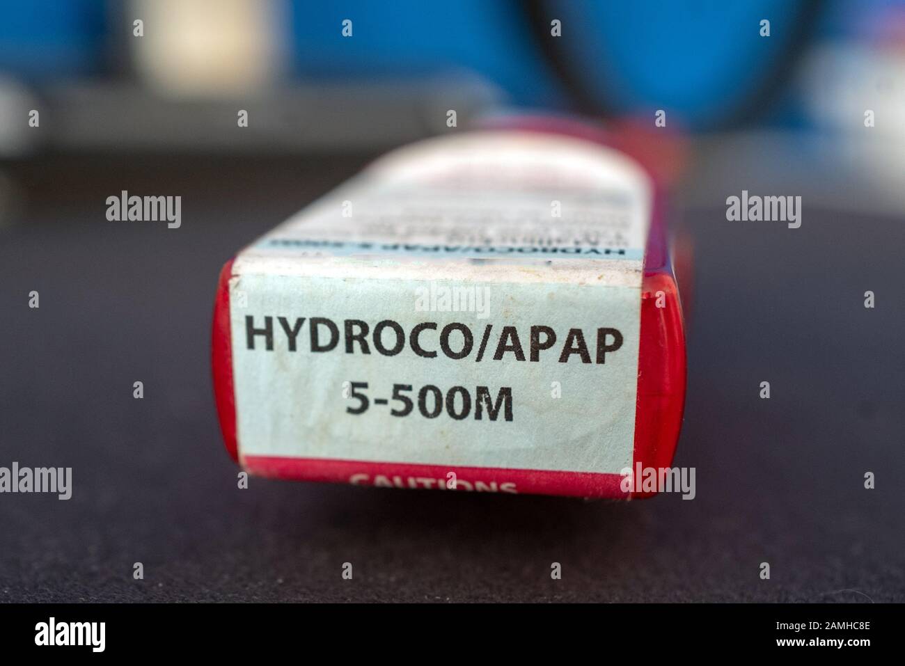 Illustrative image, close-up of bottle of the combination narcotic opioid pain medication hydrocodone 5-acetaminophen 500, marketed under the trade names Vicodin or Lortab, San Ramon, California, December 10, 2019. Many regulators and lawmakers are focusing on the opioid crisis in the United States, which has led to addiction and illegal drug use. Editing Note: Image edited to remove patient identifying information. () Stock Photo