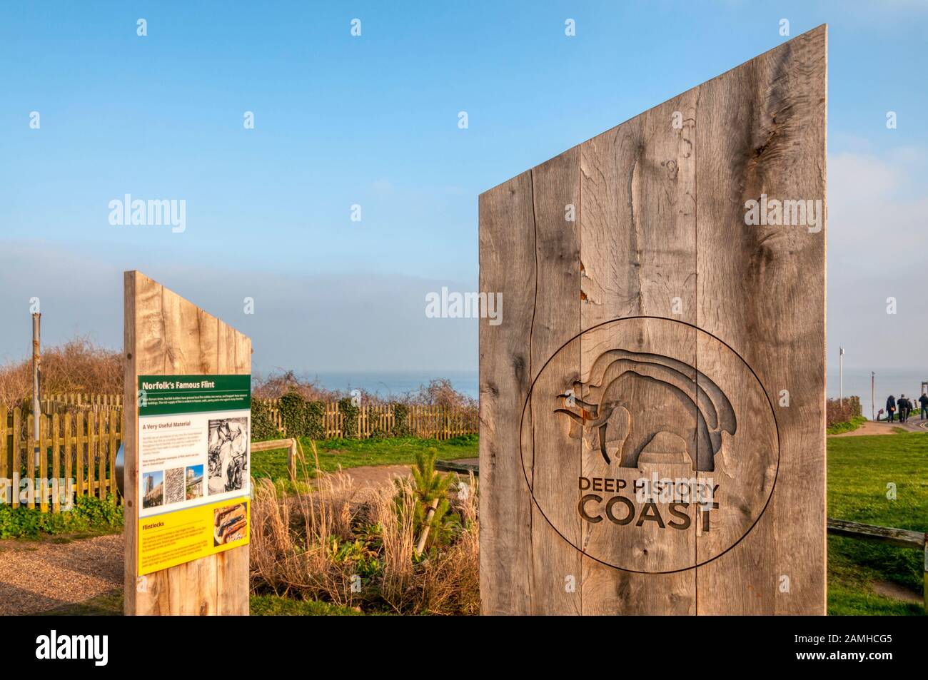 A sign for the Deep History Coast at Overstrand in Norfolk with an interpretative display. Stock Photo