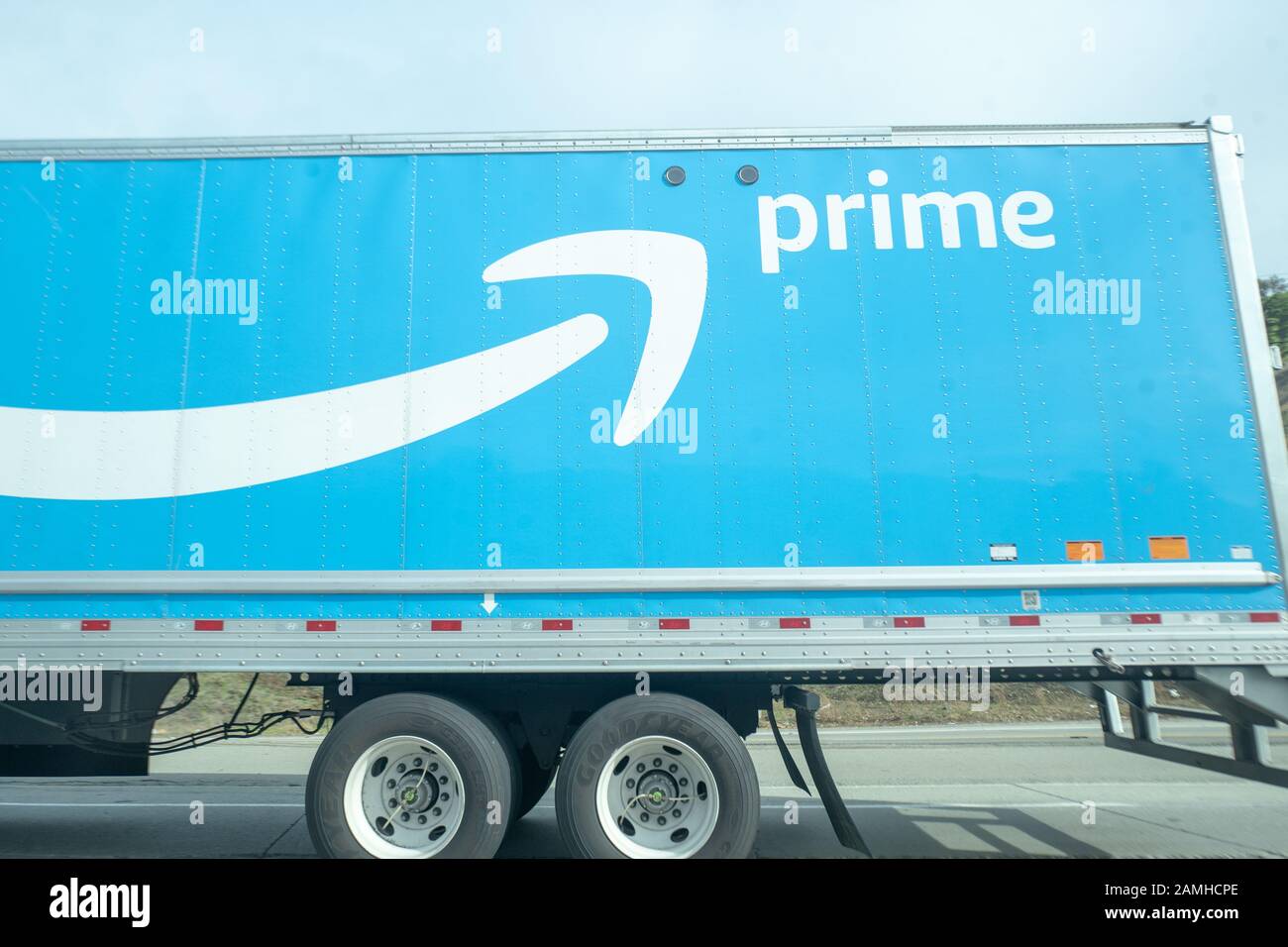 View of rear section of amazon prime semi truck hires stock