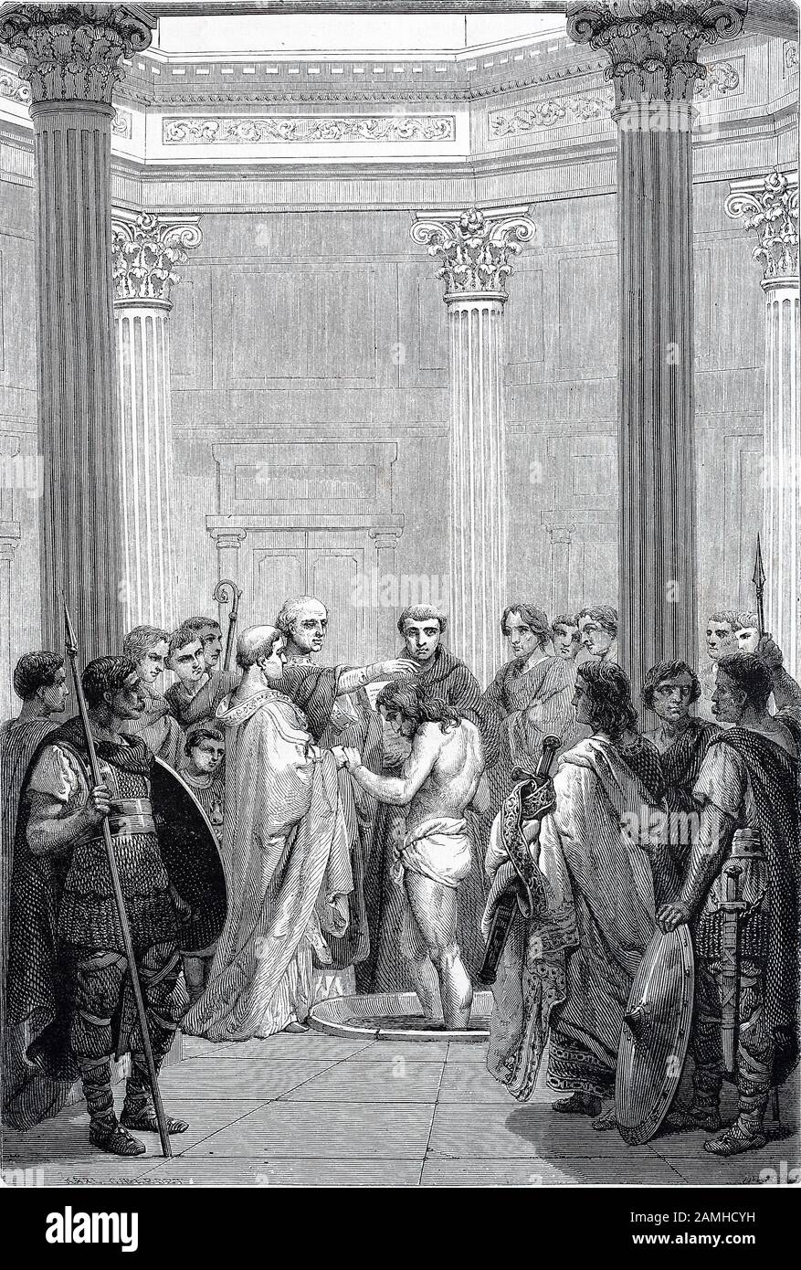 Baptism of Clovis, Clodowig, 466-511, the first king of the Franks to unite all of the Frankish tribes under one ruler  /  Taufe des Chlodwig I., ein fränkischer König der Dynastie der Merowinger, Historisch, digital improved reproduction of an original from the 19th century / digitale Reproduktion einer Originalvorlage aus dem 19. Jahrhundert, Stock Photo