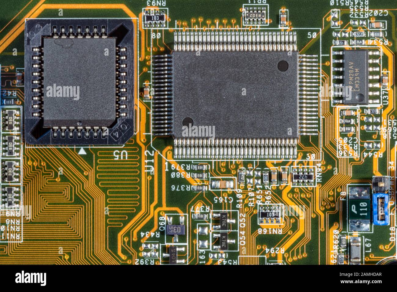 Electronic circuit and chips details at computer mainboard Stock Photo
