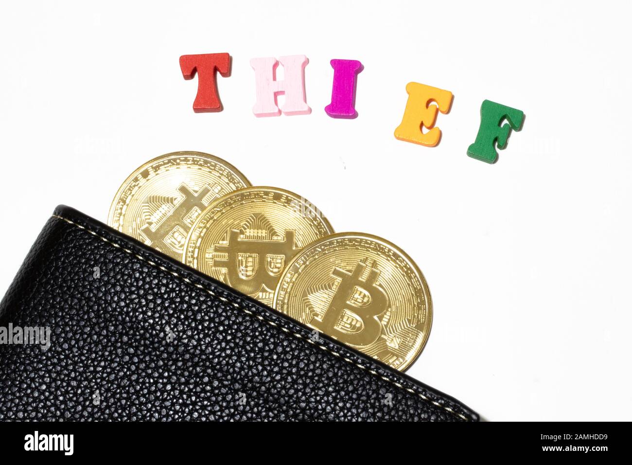 Word thief on white background top view with bitcoin coins in wallet.  Stealing cryptocurrency concept Stock Photo - Alamy