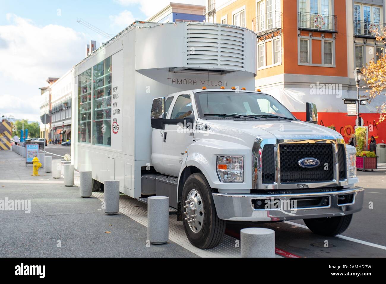 Mobile popup store in a truck, for Tamara Mellon luxury footwear company on Santana Row in the Silicon Valley, San Jose, California, December 14, 2019. () Stock Photo