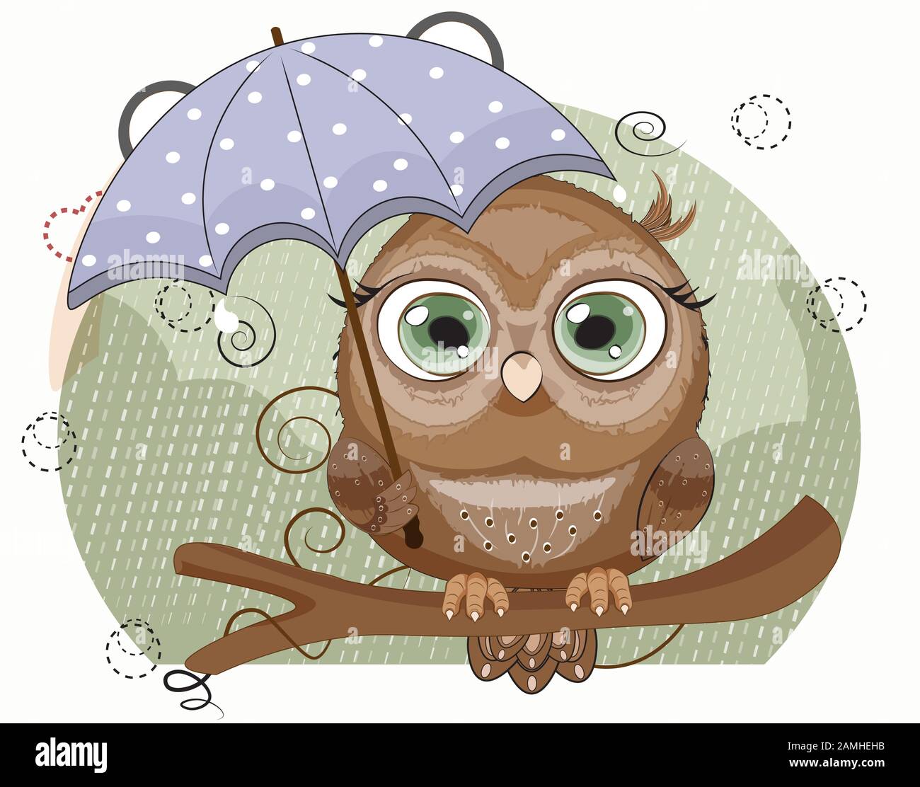 Owl with green eyes, on a branch, with umbrella under rain. Picture in hand drawing cartoon style, for t-shirt wear fashion print design, greeting car Stock Vector