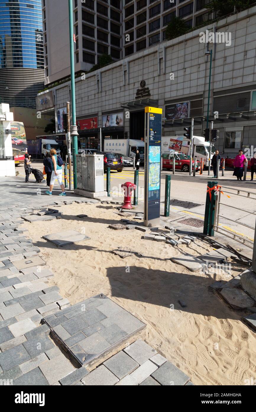 Hong Kong protest 2019; pavement damage in Tsim Sha Tsui, Kowloon as a result of the Hong Kong protests and civil disruption, Hong Kong Asia Stock Photo