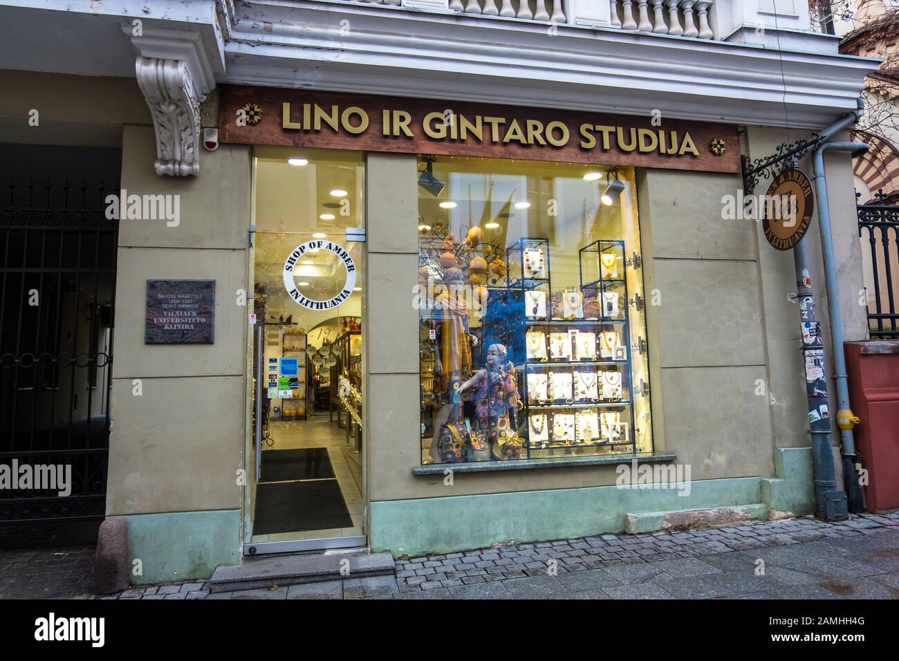 Vilnius, Lithuania - December 15, 2019: Linen and Amber Studio and Shop of amber on the street in Vilnius, Lithuania Stock Photo
