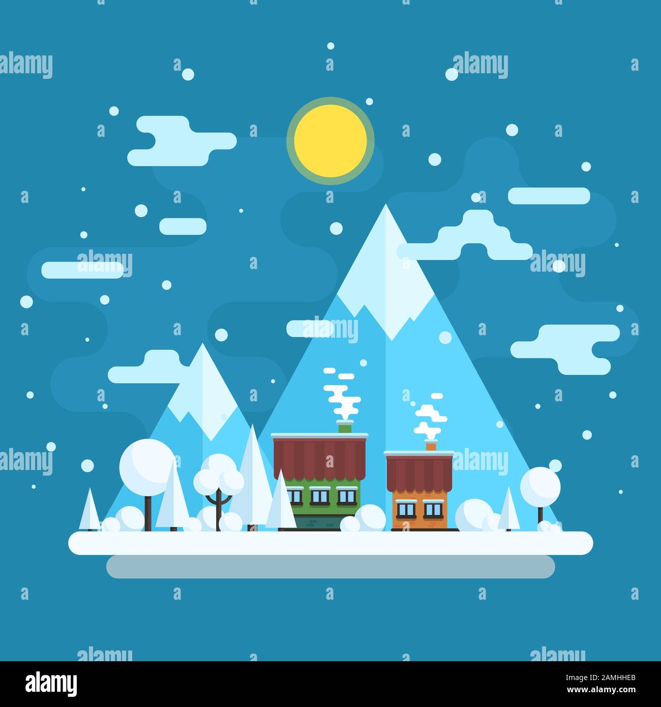 Winter daytime landscape. Houses on a background of mountains. Vector flat illustration. Stock Vector