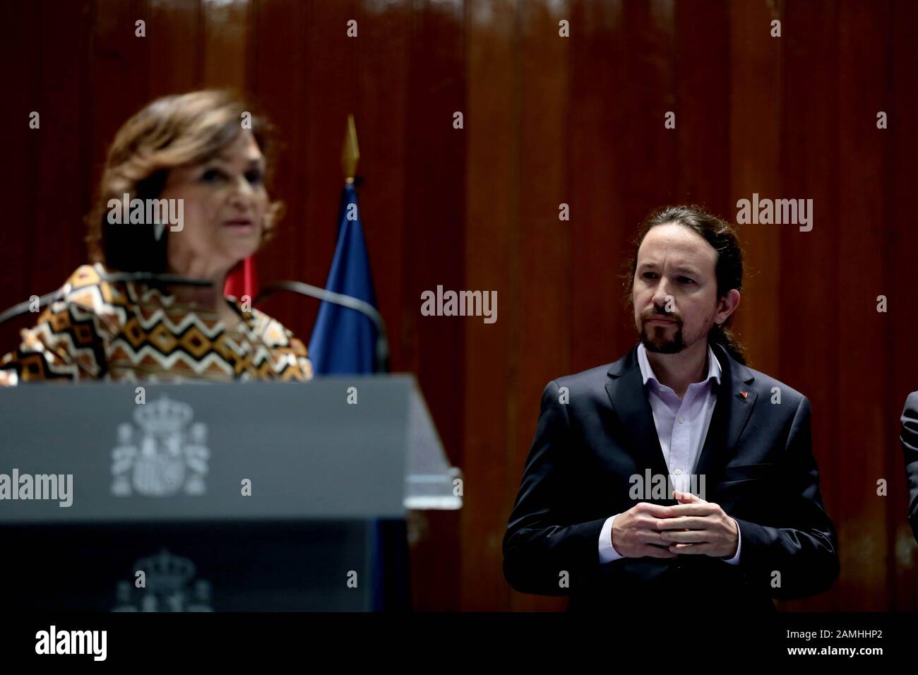Madrid Spain; 13/01/2020.- Pablo Iglesias (R) second vice president of the spanish governmentand Minister of Social Rights and 2030 Agenda, and Carmen Calvo Minister of the Presidency, Relations with the Courts and Democratic Memory in his inauguration as minister and exchange of Ministerial Portfolios in the headquarters of the ministry of health. Iglesias belongs to the United We Party (Unidas Podemos) and Garzón a United Rigth (Izquierda Unida) that coalition with the President of Spain Pedro Sánchez of the Socialist Workers Party (Psoe)Photo: Juan Carlos Rojas/Picture Alliance | usage wo Stock Photo