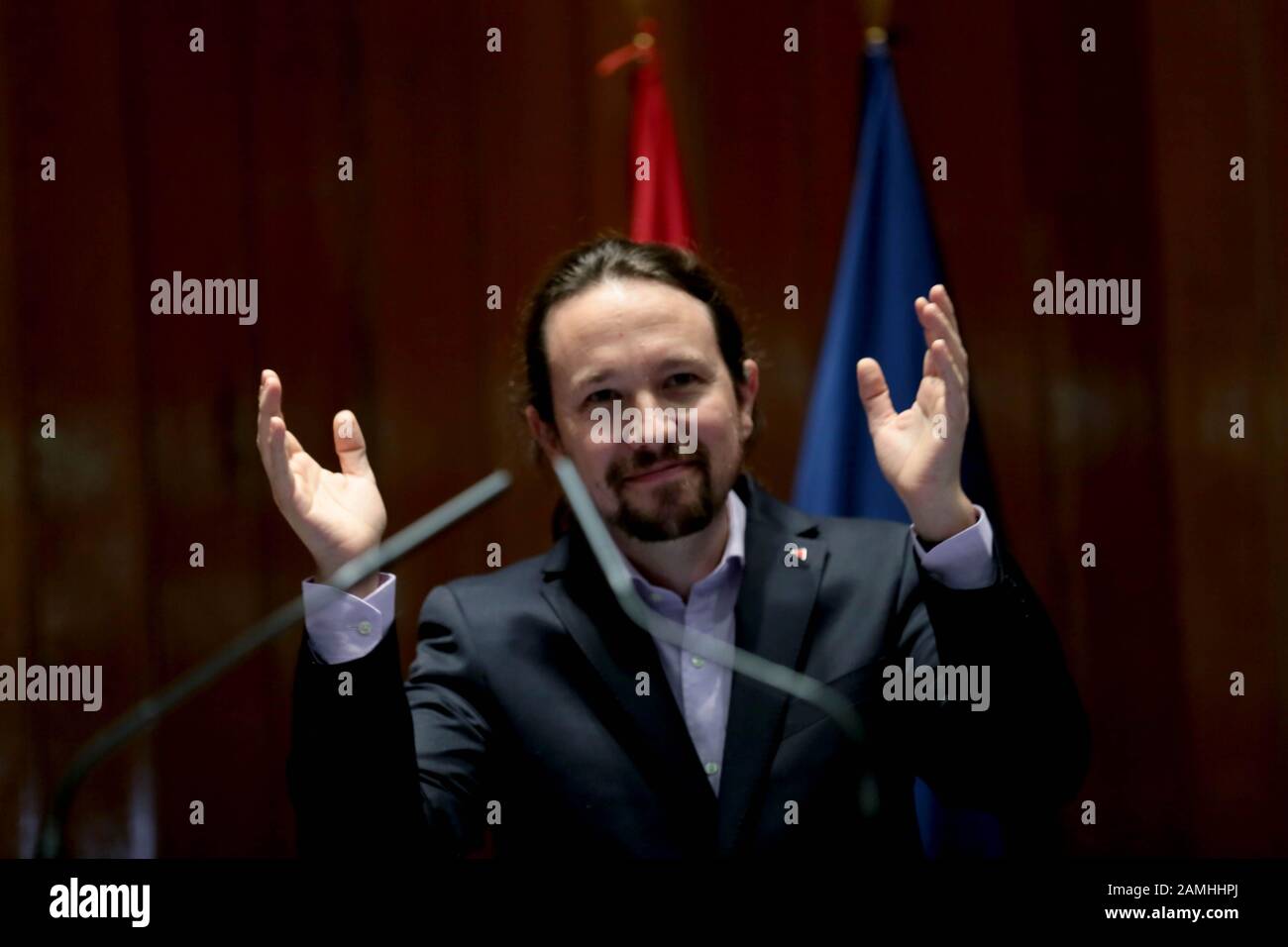 Madrid Spain; 13/01/2020.- Pablo Iglesias second vice president of the  spanish governmentand Minister of Social Rights and 2030 Agenda in his  inauguration as minister and exchange of Ministerial Portfolios in the  headquarters