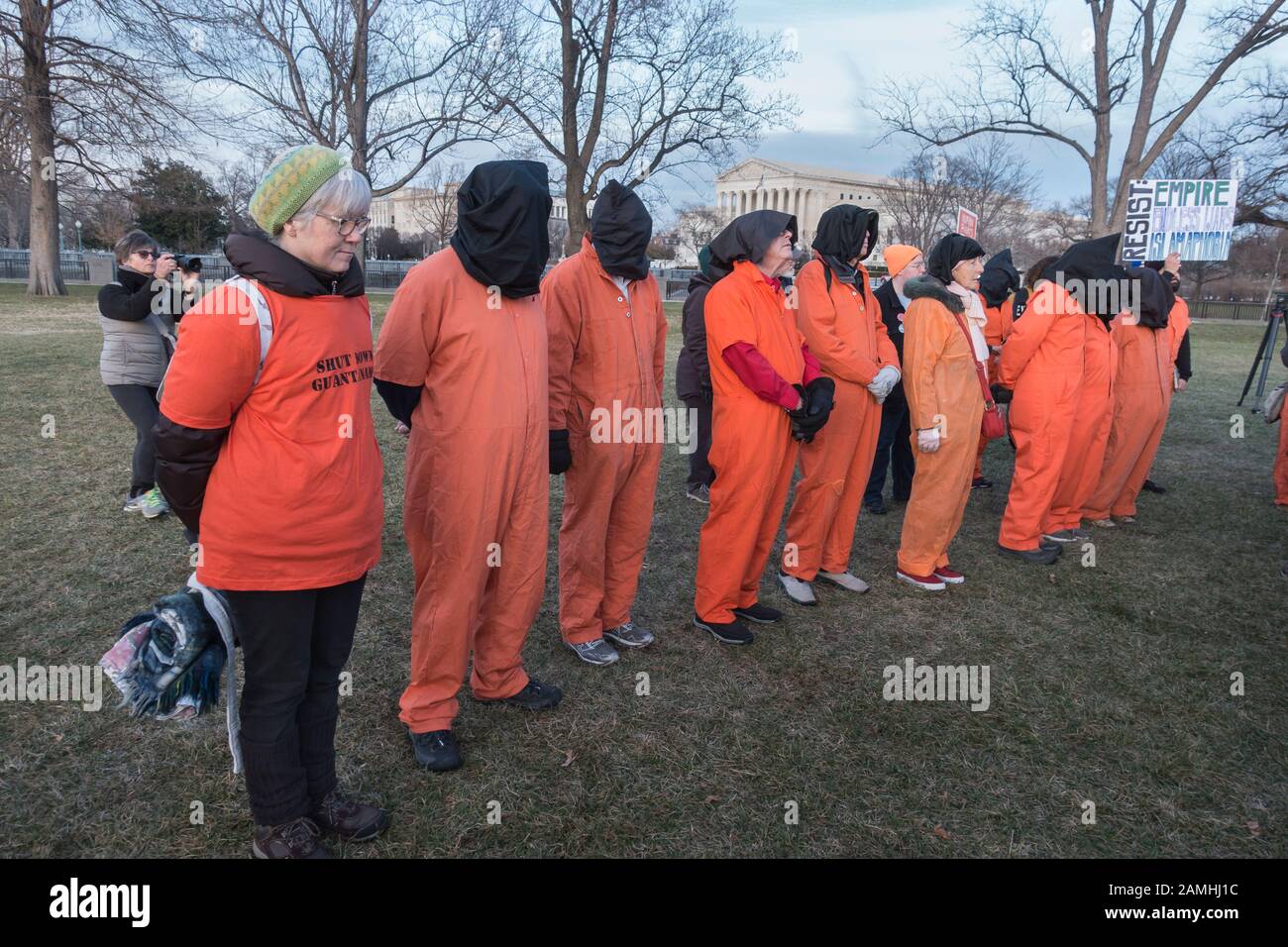 Demonstrating against use by US government of Guantanamo prison, members of Witness Against Torture at Capitol during anti Iran war rally.Jan. 9, 2020 Stock Photo