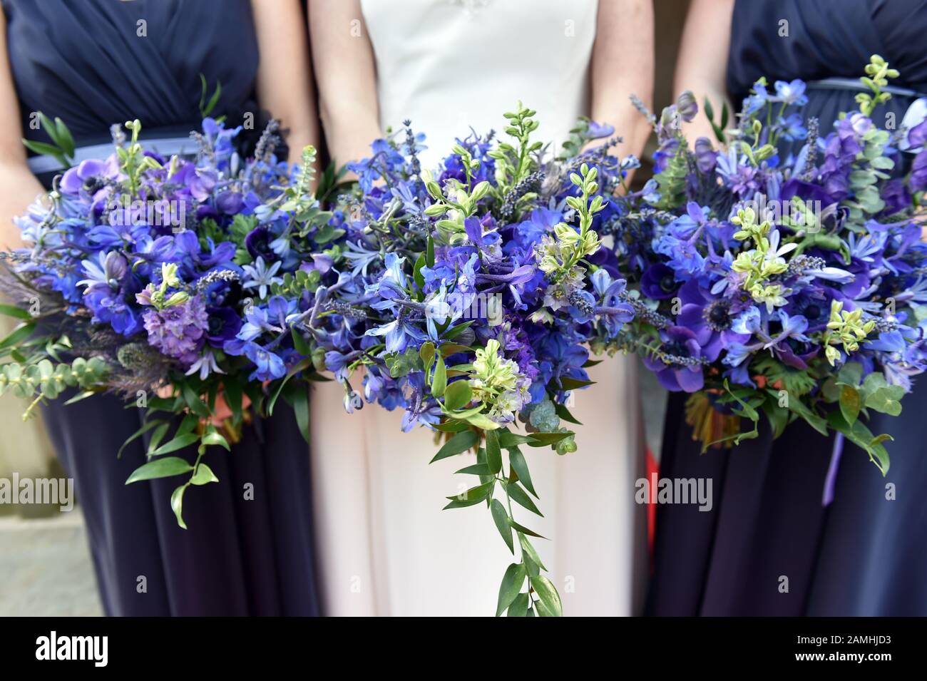 Bridal and bridesmaids bouquets at a wedding Stock Photo