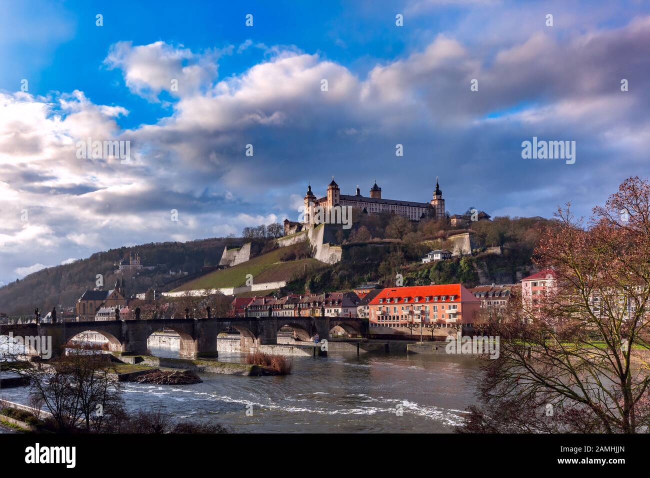 View of Marienberg Fortress and Old Main Bridge, Alte Mainbrucke in Wurzburg, part of Romantic Road, Franconia, Bavaria, Germany Stock Photo
