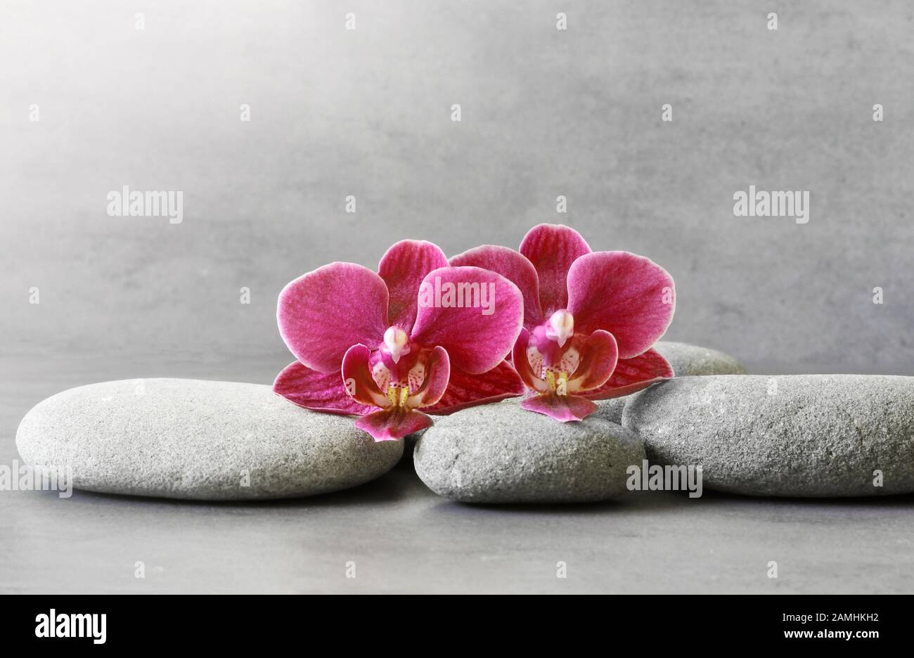 Spa stones and orchid flower on the grey background. Stock Photo