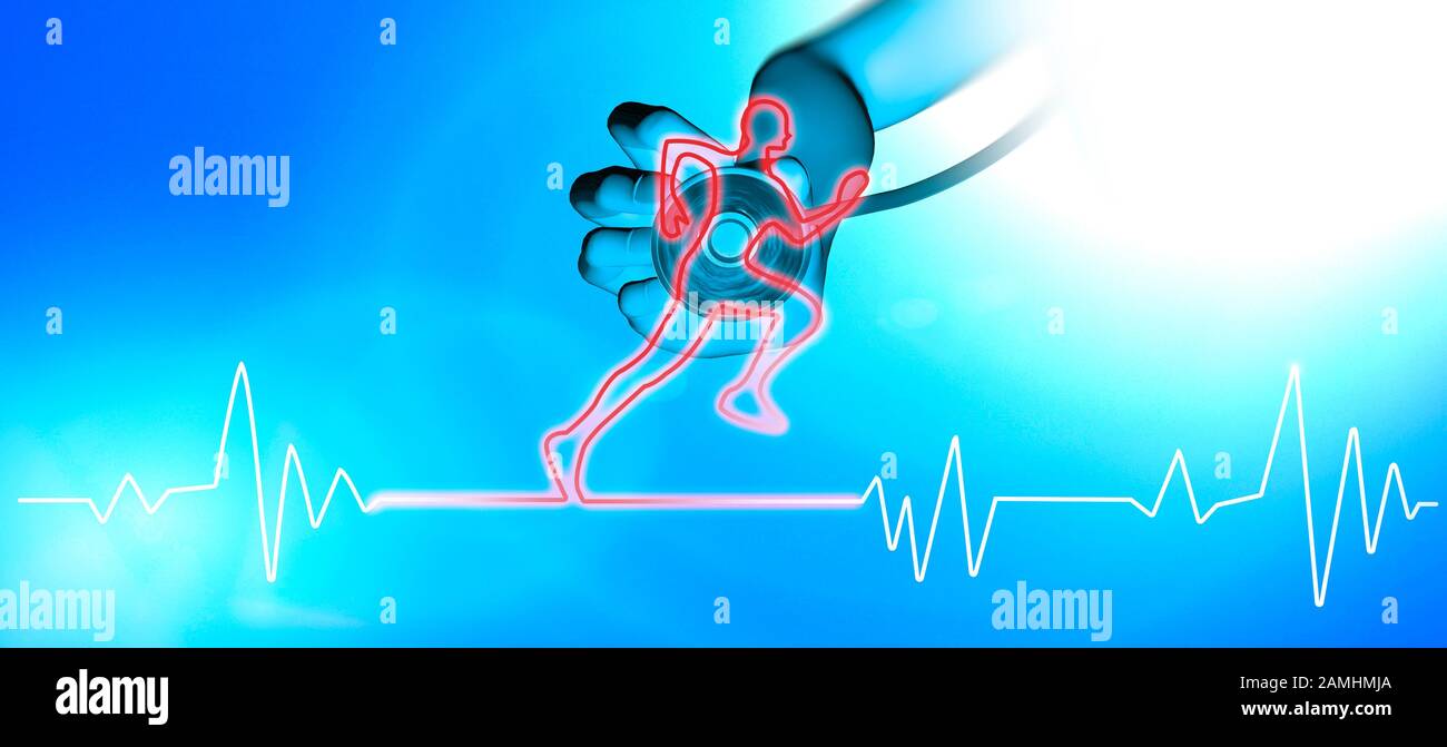 Heart beat in the shape of a running athlete. The stethoscope is an acoustic medical device for auscultation. Medical examination Stock Photo