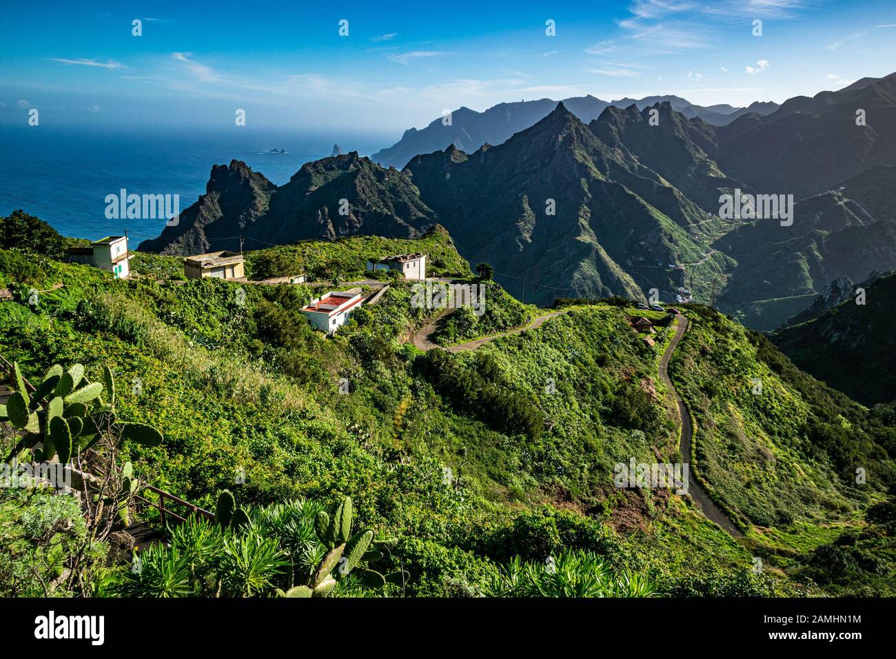 Picturesque coastline landscape of Anaga Rural Park, Northern Tenerife with green steep hills, and rough cliffs. Stock Photo