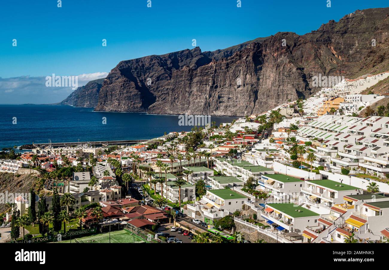 Small resort of Los Gigantes known for the giant rock formations that go by the same name. Stock Photo