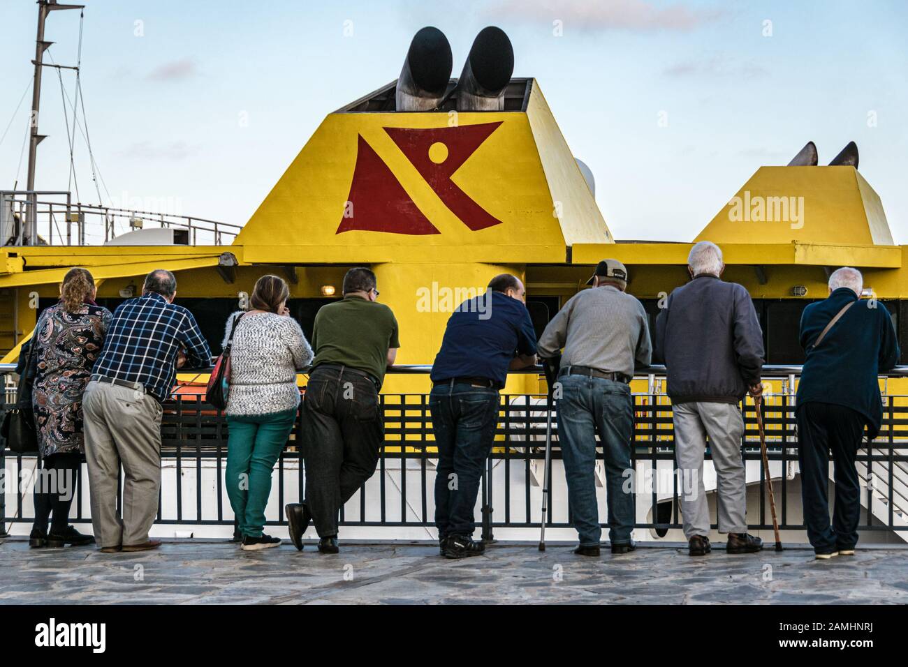 Locals watching the arrival of a Fred Olsen ferry in the Santa Cruz de Tenerife port. Stock Photo