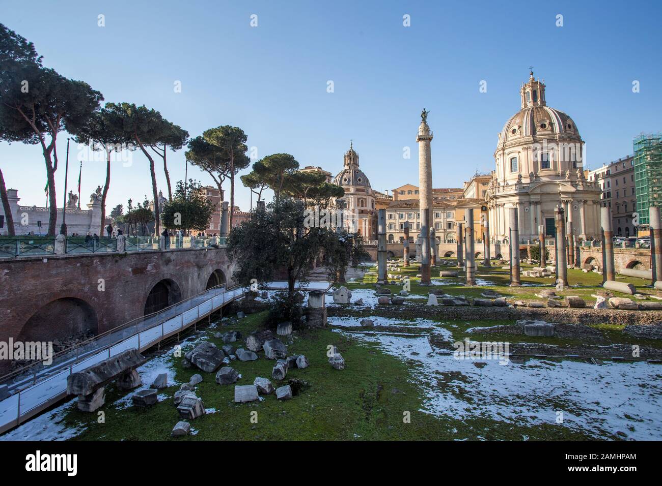 Rome, Italy, February 2018 - Snow covered Rome, winter tourism in capital city of Italy, famous travel destination in winter. Forum Romanum with snow. Stock Photo