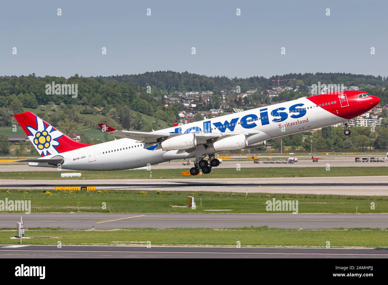 Zurich, Switzerland - April 30, 2018: Edelweiss Air Airbus A340 airplane at Zurich airport (ZRH) in Switzerland. Airbus is an aircraft manufacturer fr Stock Photo
