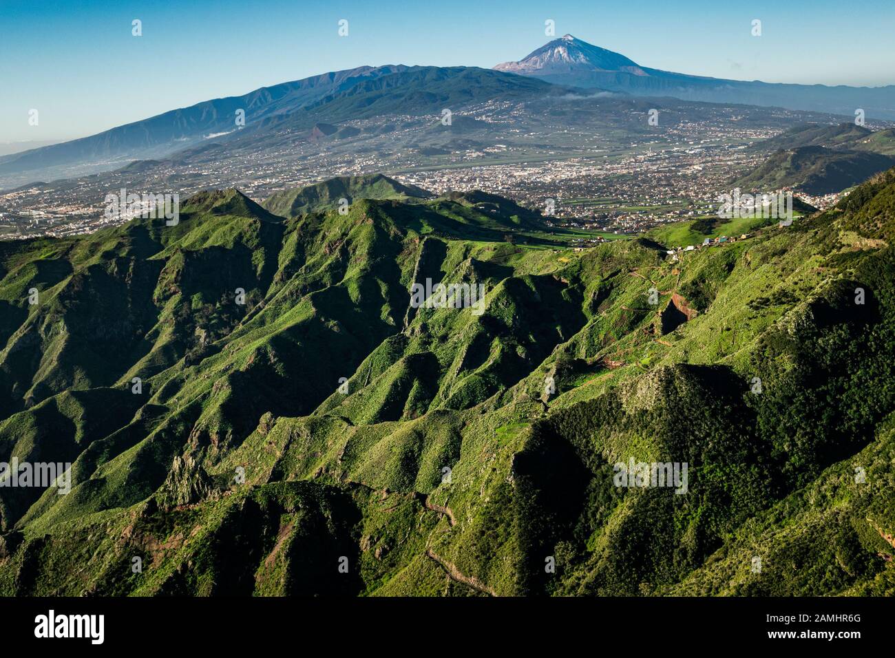 Green hills of Anaga rural park with the emblematic Mount Teide in the background seen from Mirador de la Cruz del Carmen viewpoint. tenerife, Canary Stock Photo