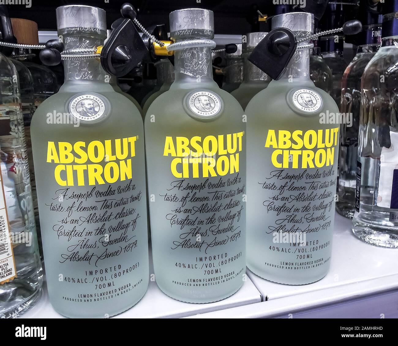 Samara, Russia - January 12, 2020: Absolut Vodka ready for sale on the shelf in superstore. Swedish brand of vodka is popular in Russia and all over t Stock Photo