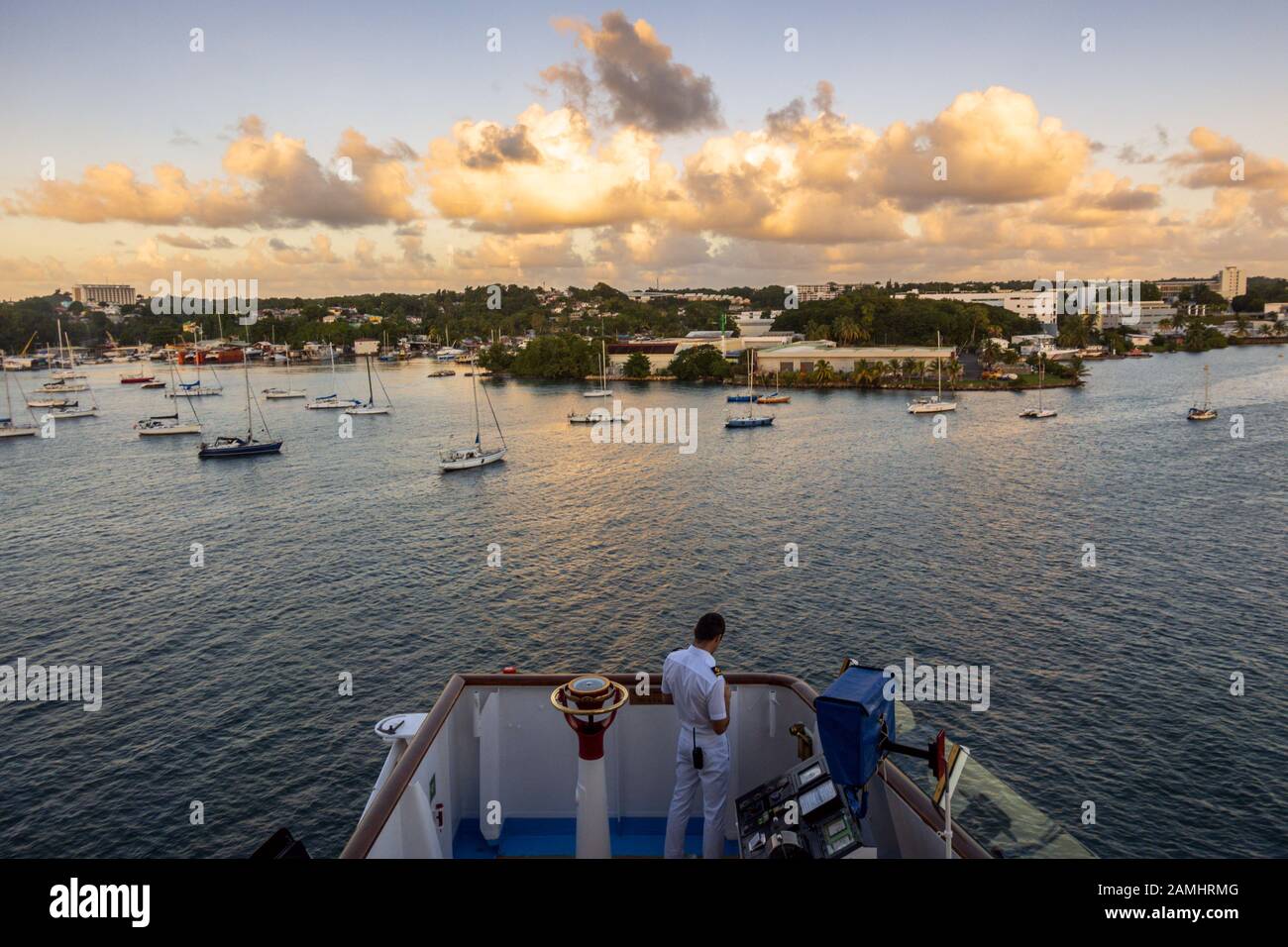 View from cruise ship of the port of PointeaPitre, Guadeloupe, West Indies, Caribbean Stock