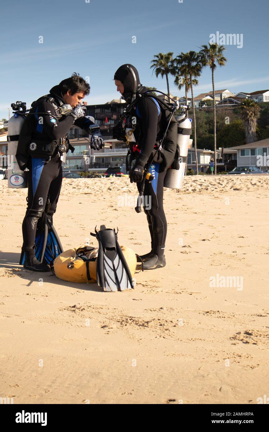 Scuba Diving practice at Corona del Mar State Beach Newport Beach Southern California USA Stock Photo