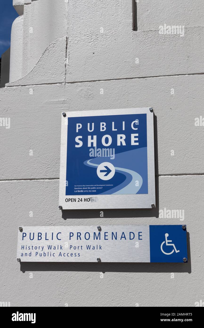 Public shore history walk signs for the walk beside San Francisco Bay California USA Stock Photo