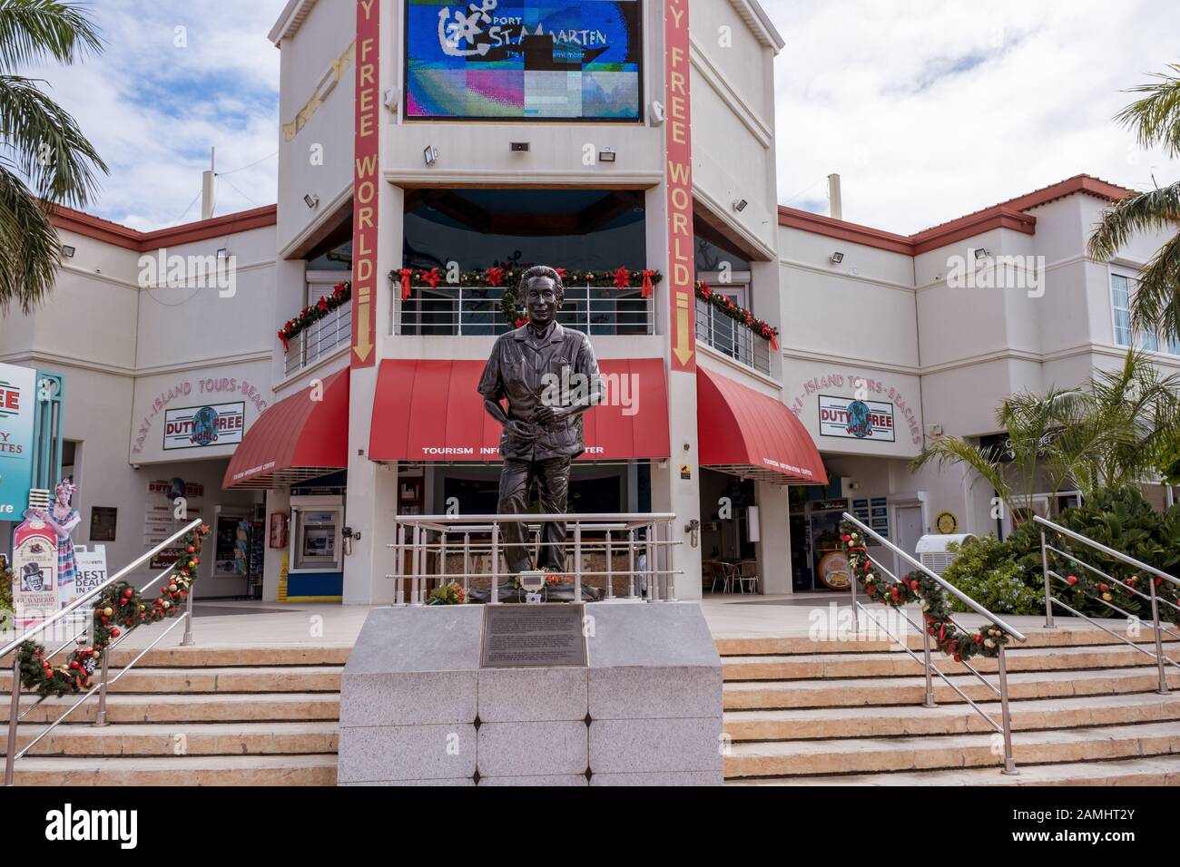Dr Albert Claudius Whathey Statue ,harbour point village cruise terminal, Philipsburg, Sint Maarten, St. Maarten, West Indies, Caribbean. Stock Photo