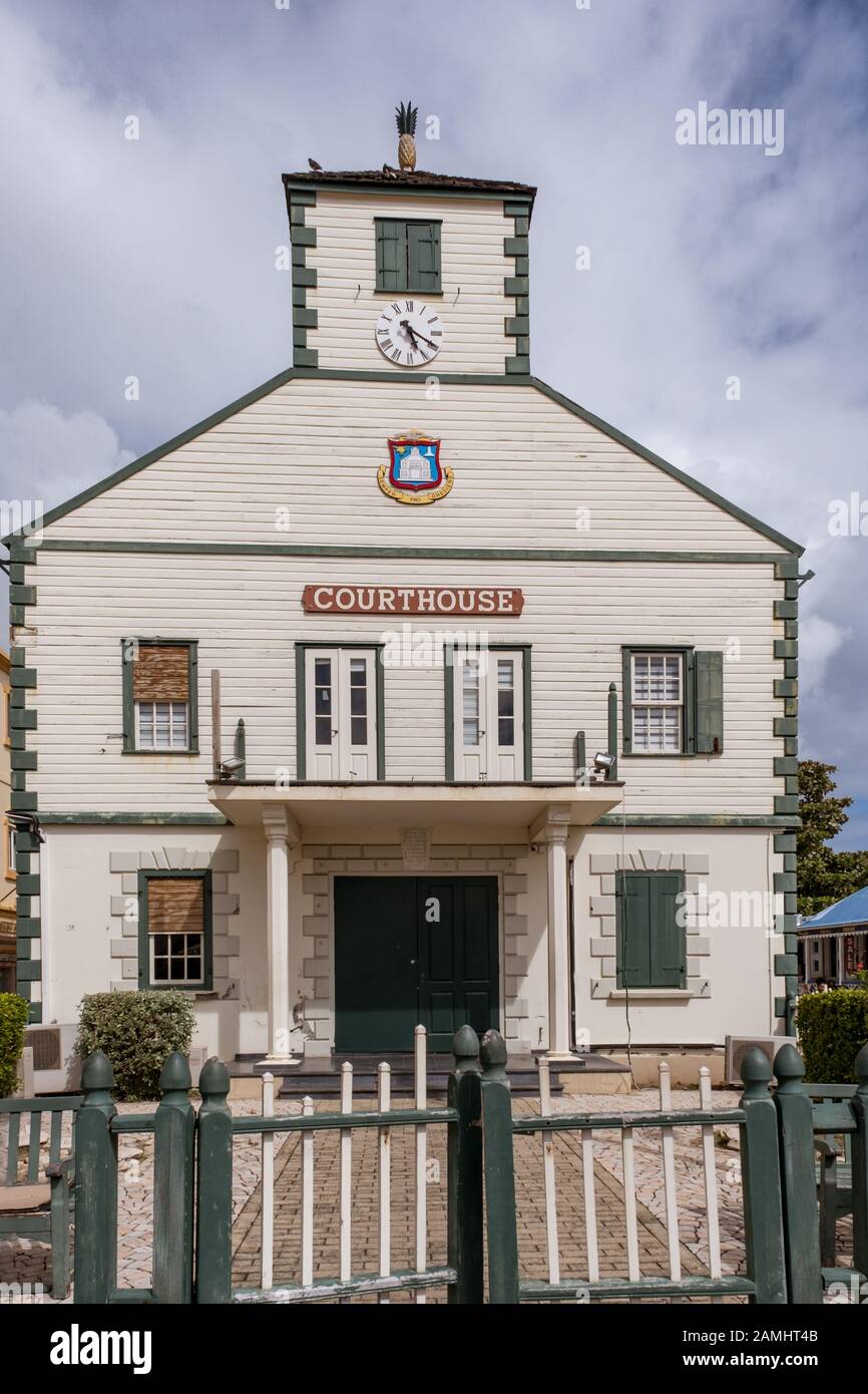 Traditional wooden courthouse topped with pineapple on Front Street, Philipsburg, Sint Maarten, St. Maarten, Dutch Antilles, West Indies, Caribbean. Stock Photo