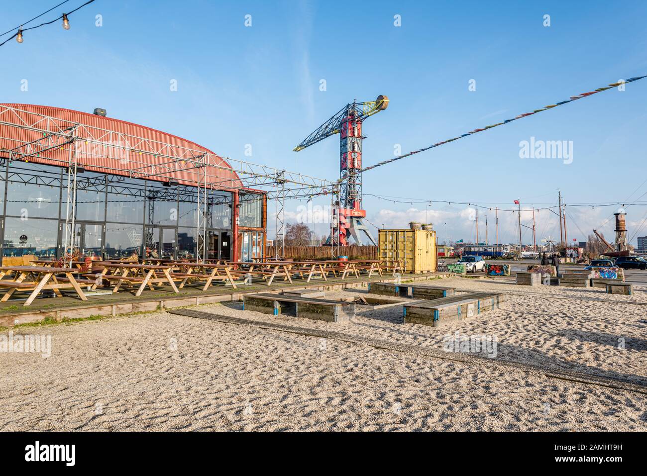 Holland, Januari 2020, Amsterdam, colorfull scenes at the NDSM werf with its cranes and grafiti in the north of Amsterdam near the ij in the river Ams Stock Photo