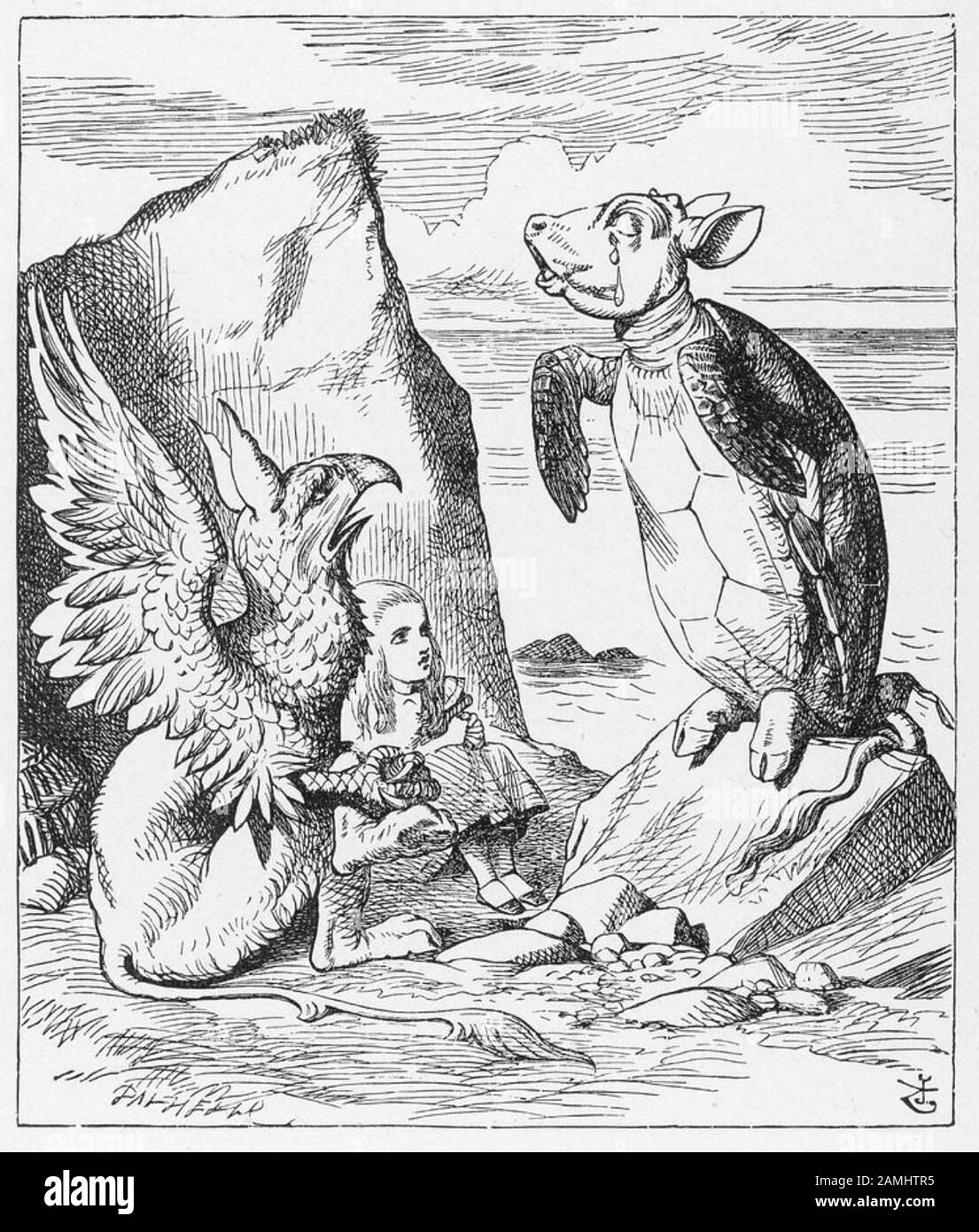 MOCK TURTLE with Alice and the Gryphon in John Tenniel's illustration for ALICE'S ADVENTURES IN WONDERLAND 1865. Stock Photo