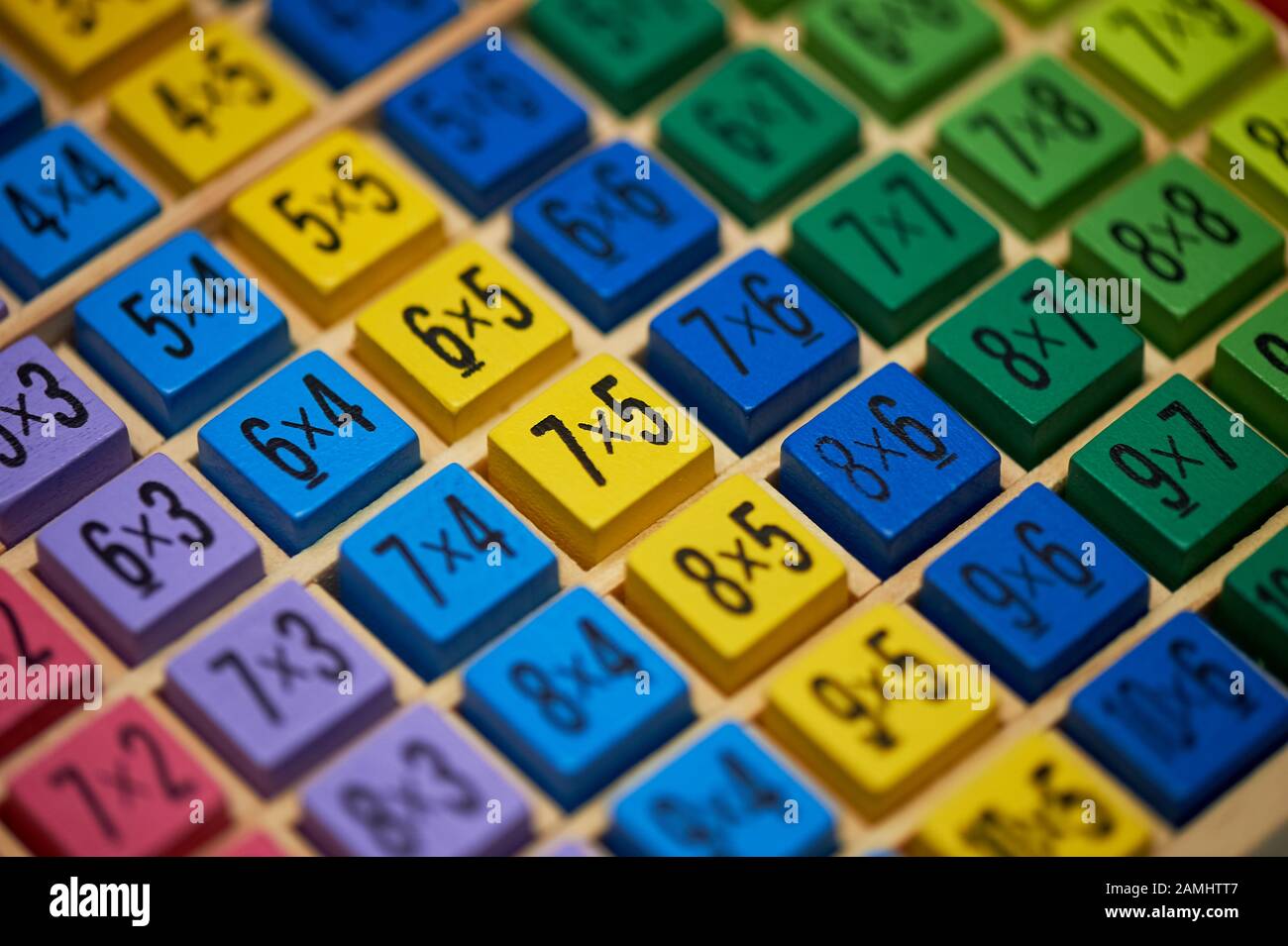 Multiplication table . Macro mode. Colored wooden cubes.Teaching children math and numeracy. Mental math. Stock Photo