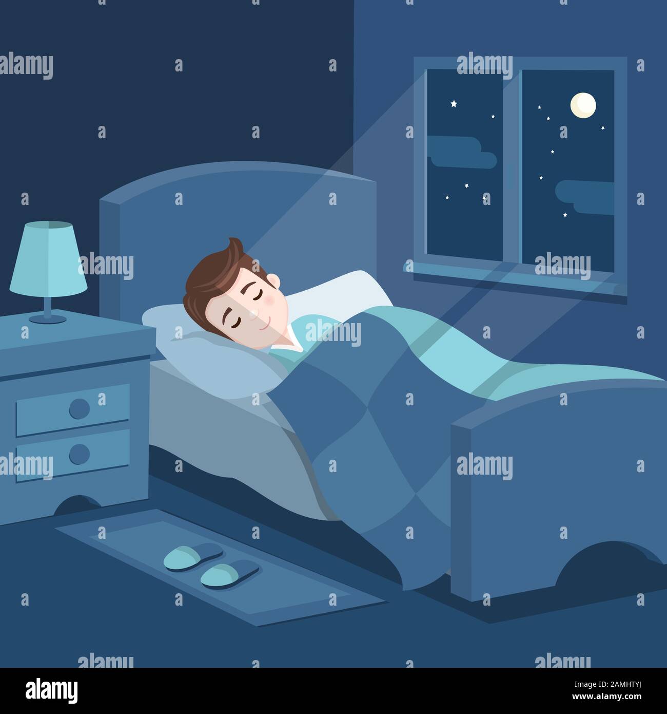 Cute boy sleeping in bed. Bedroom with a window at night. Sweet dreams