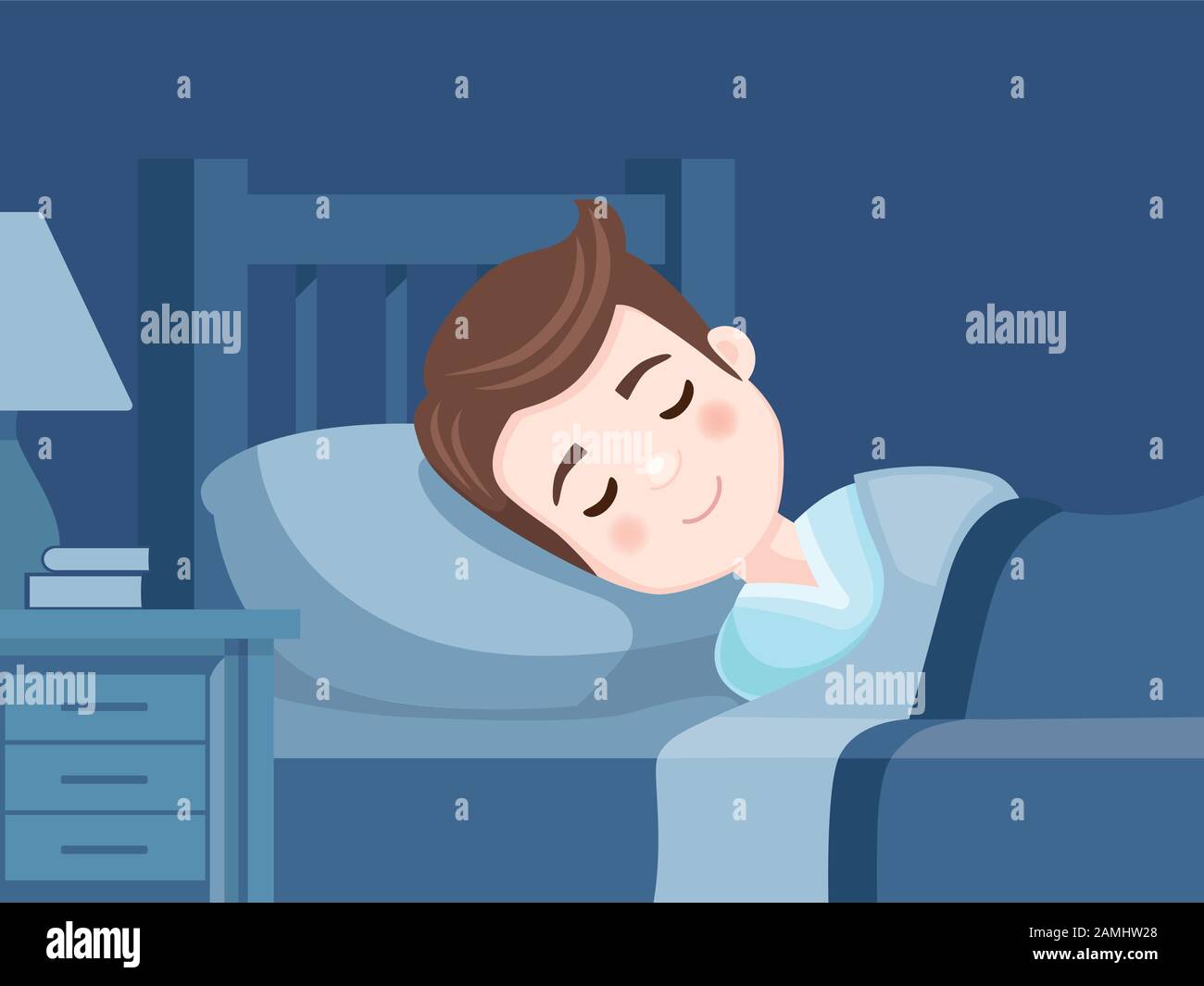 Cute boy sleeping in bed. Bedroom at night. Sweet dreams. Vector  illustration Stock Vector Image & Art - Alamy