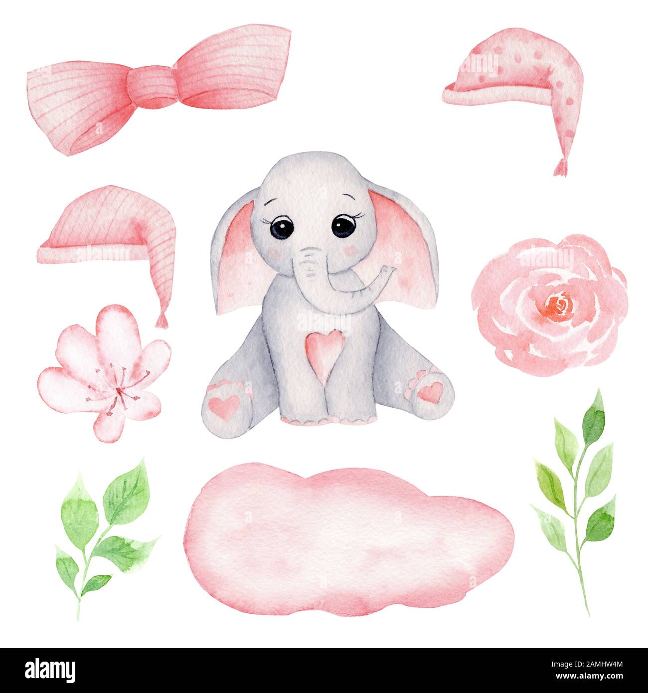 Cute baby elephant hand drawn watercolor illustrations set. Little grey ...