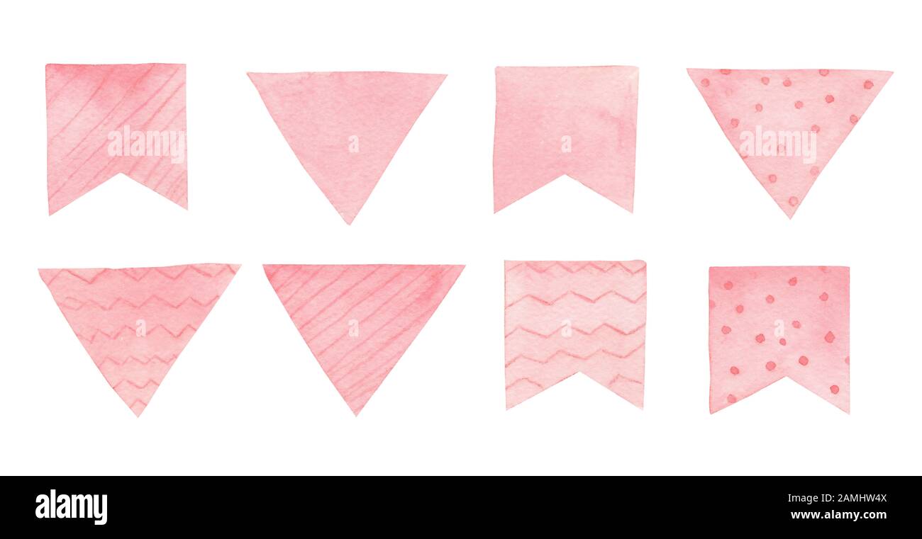 Pink hand drawn flags watercolor illustrations set. Striped ensign, pennant in polka dot, pastel color bunting isolated on white background. Girly par Stock Photo