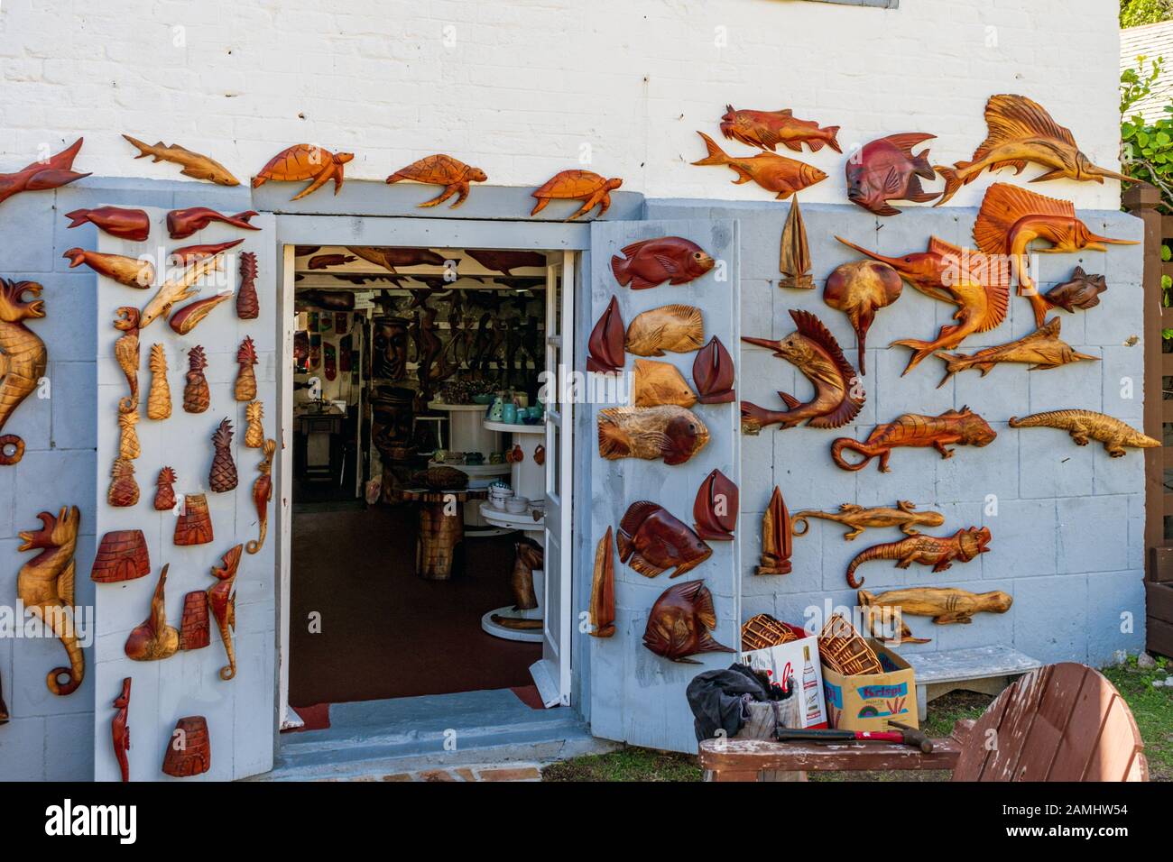 Souvenir shop selling wood carvings from local mahogany, Nelson's