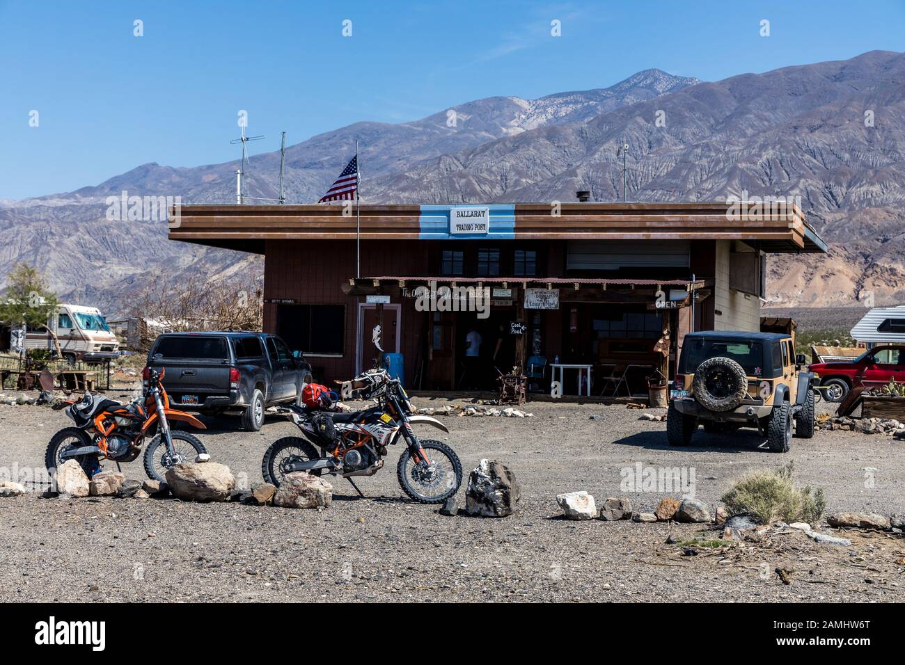 Trading post with dirt bike at Ballarat Inyo County, California USA.  ghost town.dates from 1897 once a supply point for mines in canyons of Panamint Stock Photo