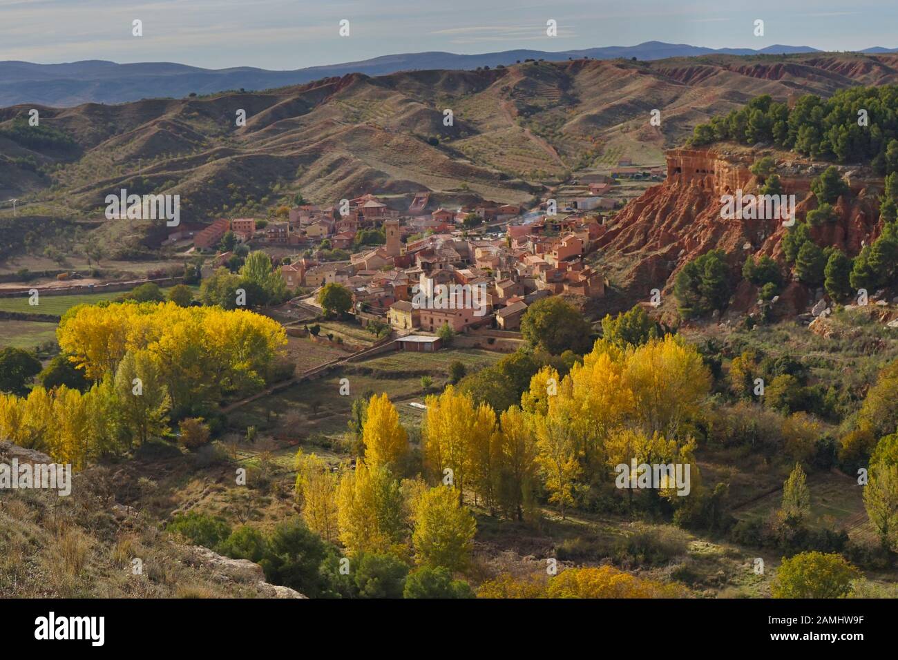 A panoramic view of Spanish village Anento built into the red rock Stock Photo