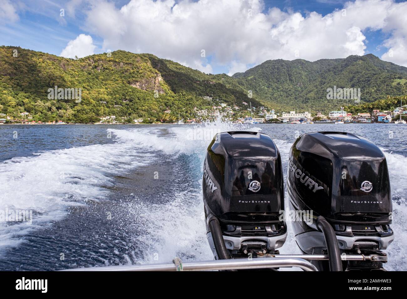 View from rear of speedboat of  Soufriere, Saint Lucia, West Indies, Caribbean Stock Photo