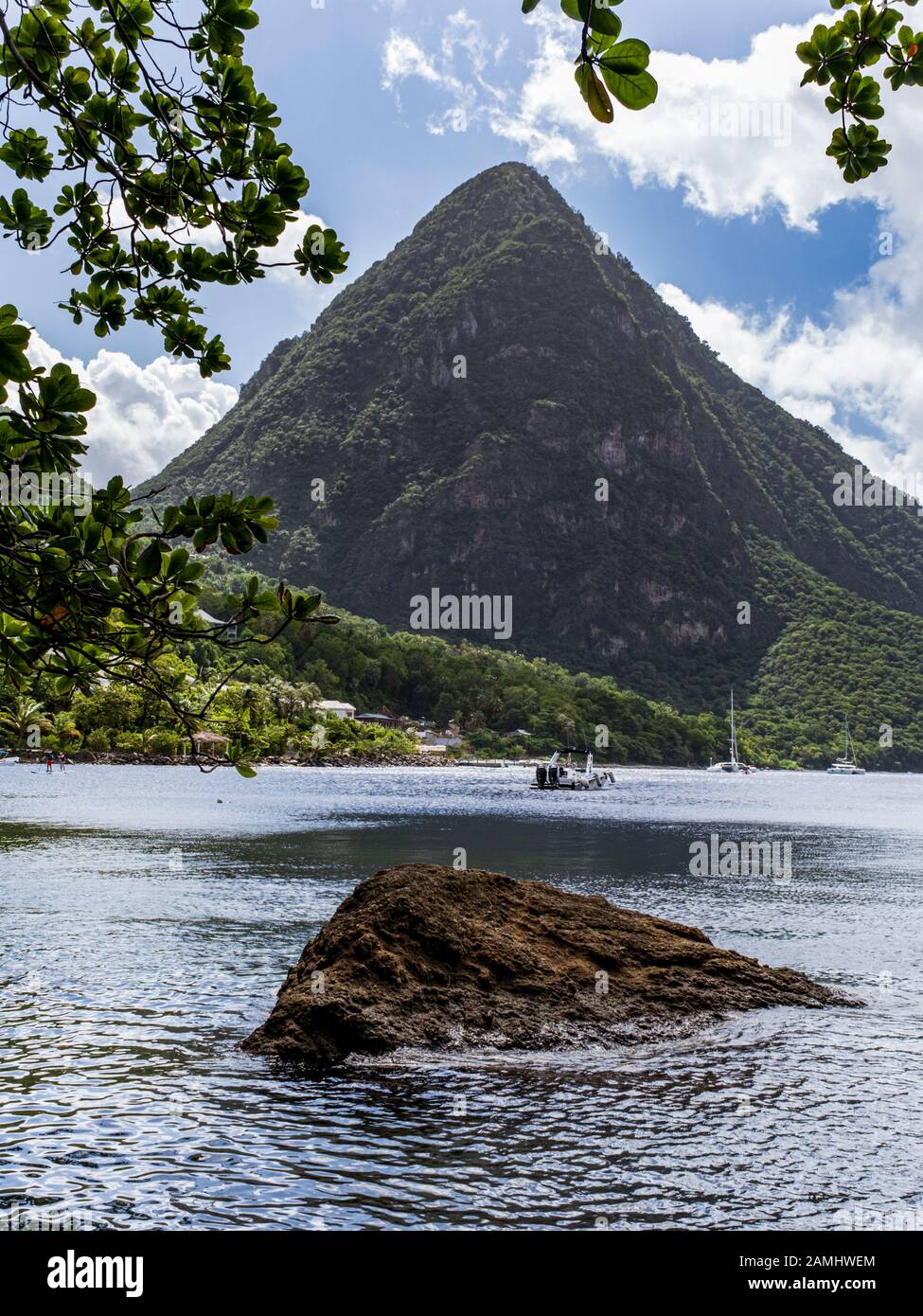 View of Gros Piton across Piton Bay, UNESCO World Heritage Site, St. Lucia, West Indies, Caribbean Stock Photo