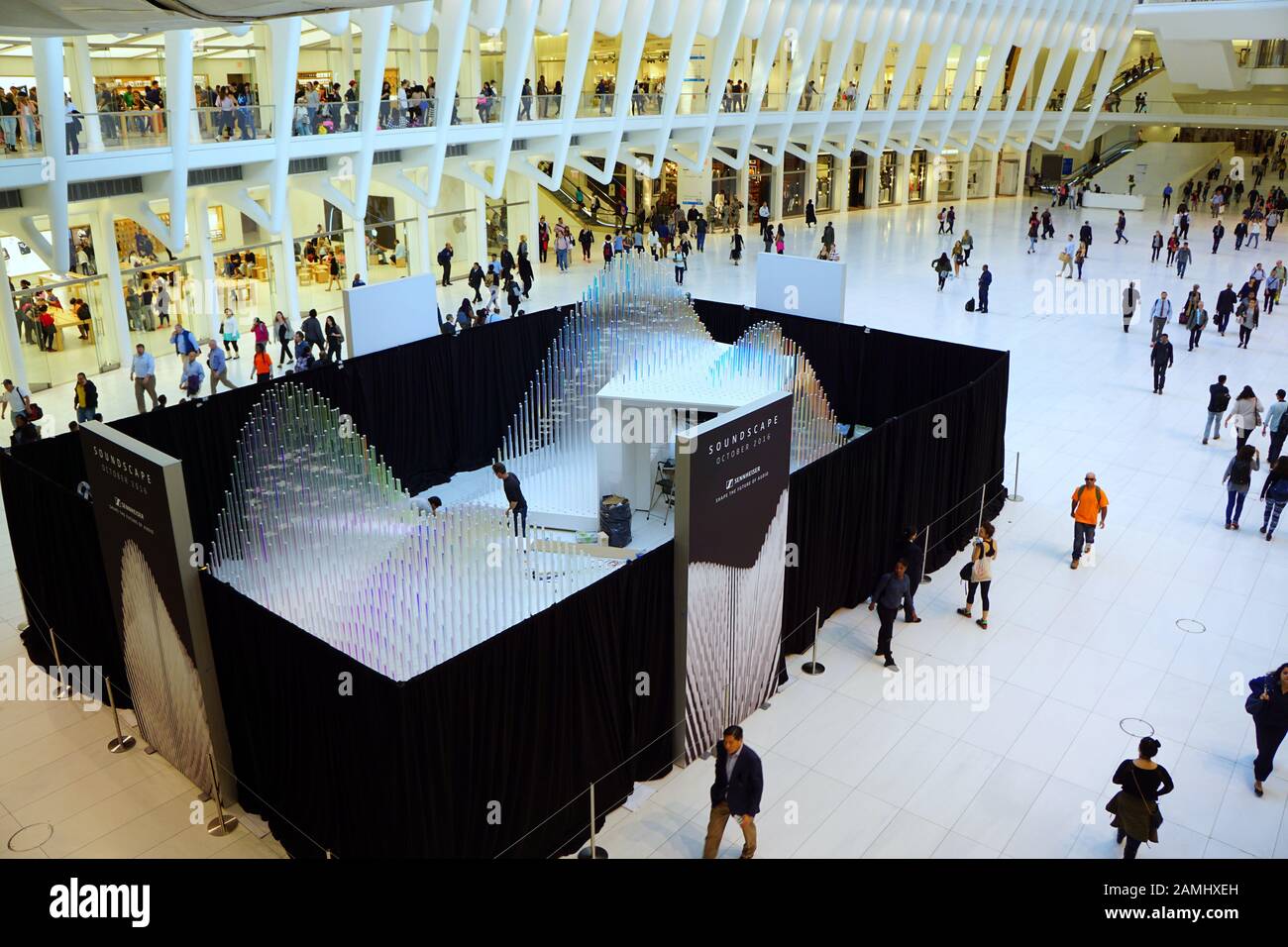 Sennheiser soundscape display and visitors at the Oculus in New York City Stock Photo