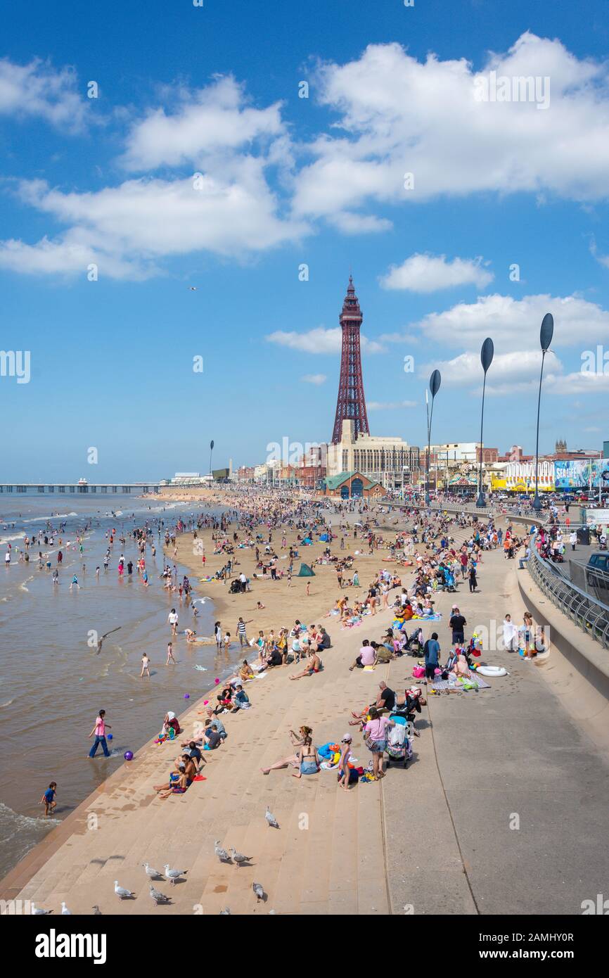 Blackpool Beach from Central Pier, Blackpool, Lancashire, England, United Kingdom Stock Photo