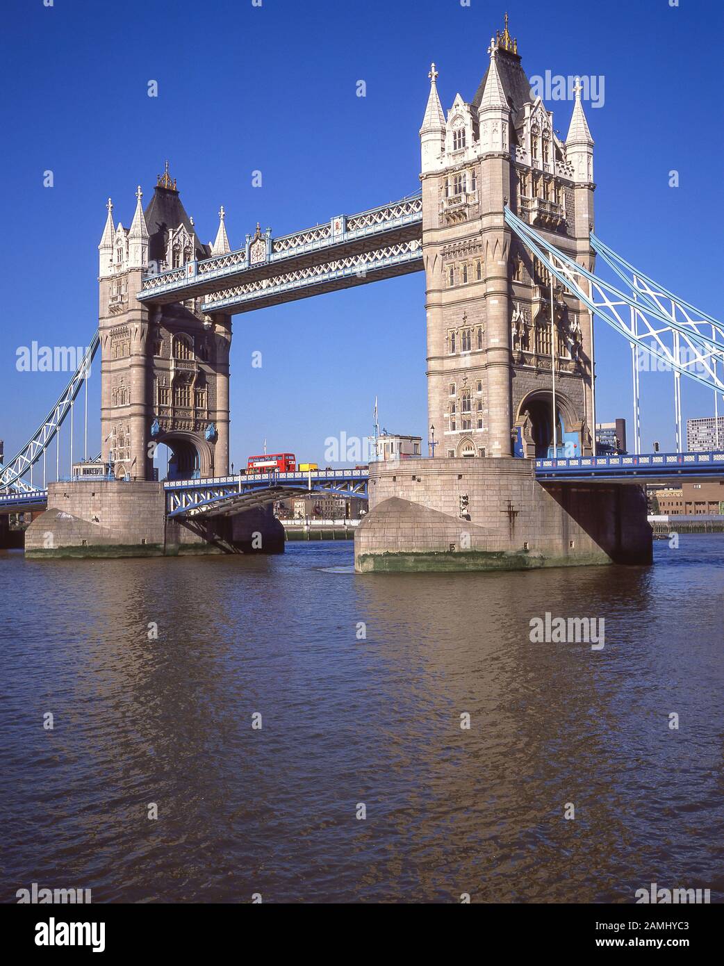 Tower Bridge from North Bank, London Borough of Tower Hamlets, Greater London, England, United Kingdom Stock Photo