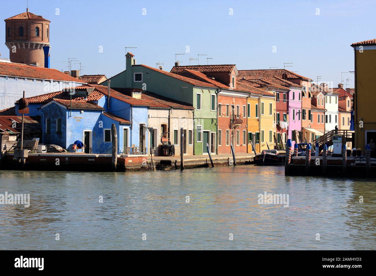 The Waterfront and Colourful Houses of Burano in the Venice Lagoon Stock Photo