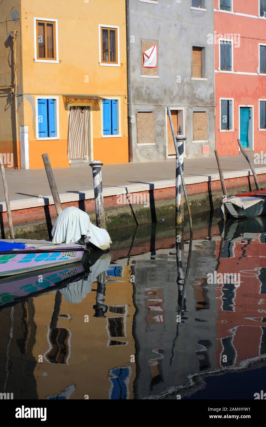 The Waterfront and Colourful Houses of Burano in the Venice Lagoon Stock Photo
